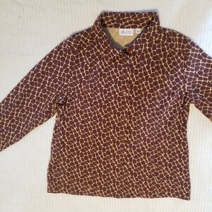 D & Co Women Textured Giraffe Print Brown Tan Button Up Shirt Blouse L NWOT
